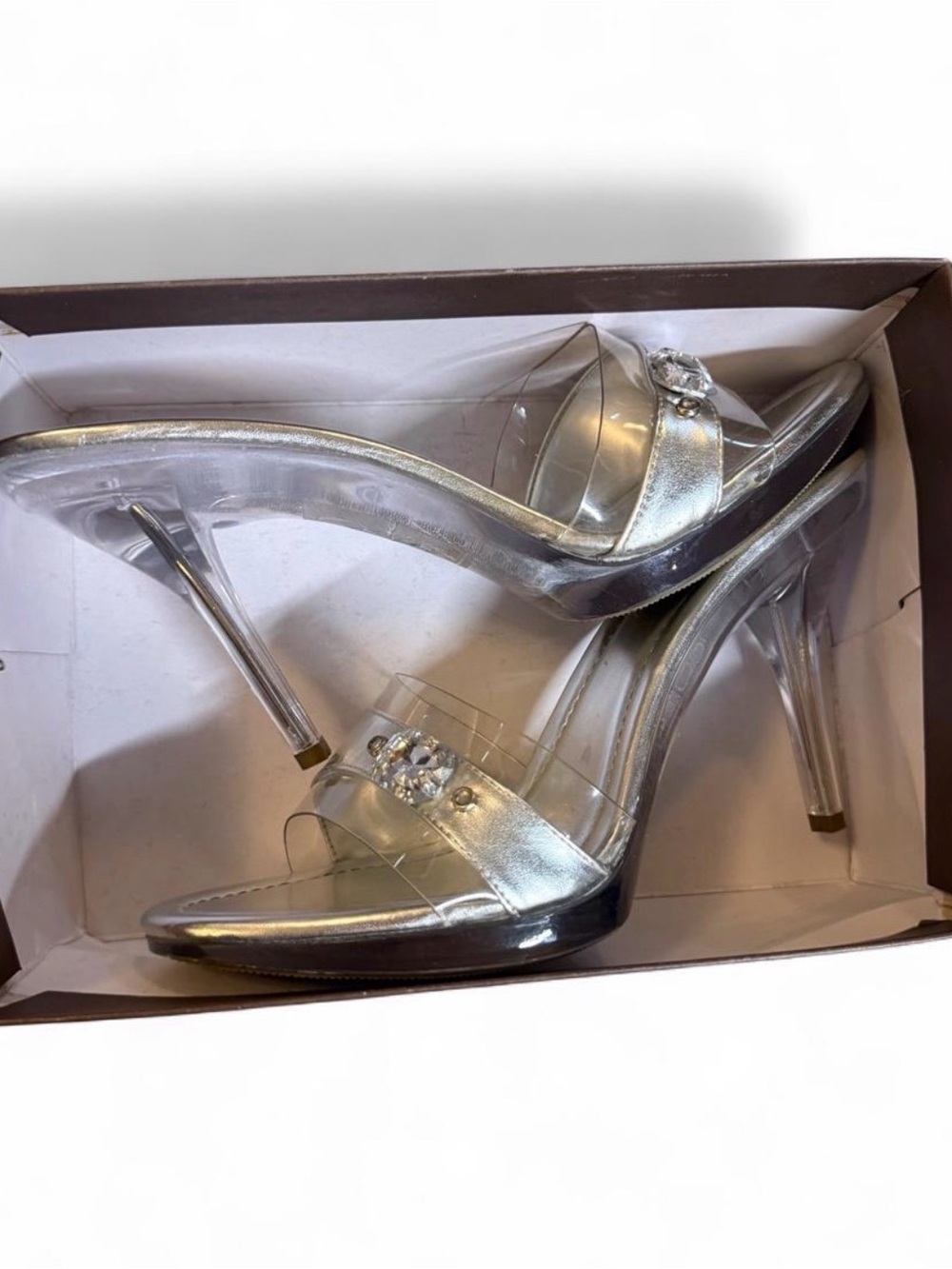 Bonnibel Silver Clear Strap High Heel Sandals with Gem Accent
